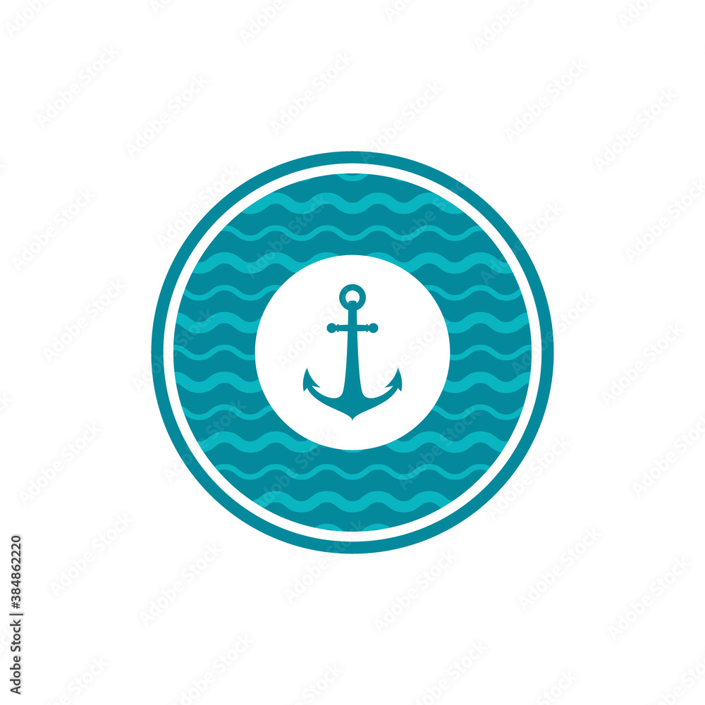 Nautical blue anchor label in circle with waves isolated on white. Nautical blue anchor label in circle with waves isolated on white.