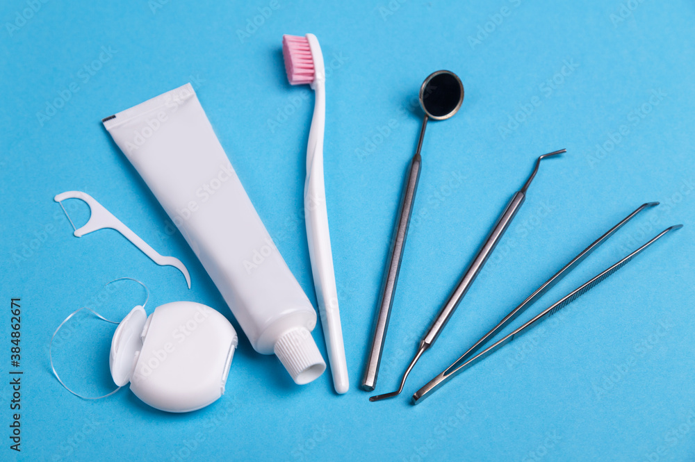 Dentist tools and dental hygiene products. Floss, brush and mouthwash. Dentist tools and dental hygiene products. Floss, brush and mouthwash.