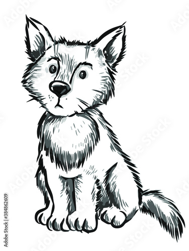 drawing of a cute dog in black and white, hand-drawn illustration isolated on a white background