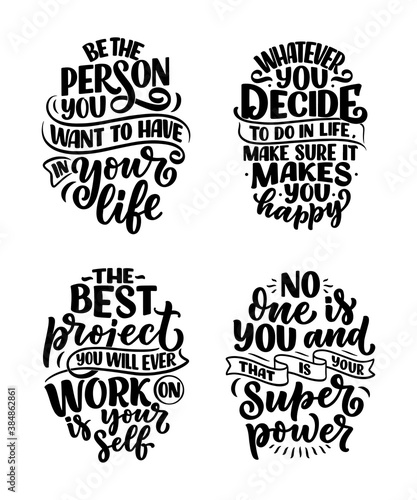 Set with lettering slogans about be yourself. Funny quotes for blog, poster and print design. Modern calligraphy texts about selfcare. Vector