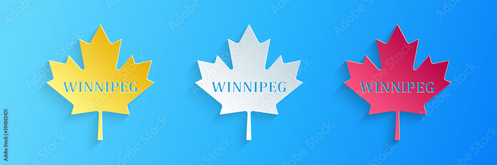 Paper cut Canadian maple leaf with city name Winnipeg icon isolated on blue background. Paper art style. Vector. Paper cut Canadian maple leaf with city name Winnipeg icon isolated on blue background. Paper art style. Vector.