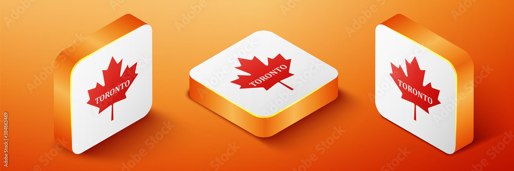 Fototapeta premium Isometric Canadian maple leaf with city name Toronto icon isolated on orange background. Orange square button. Vector.