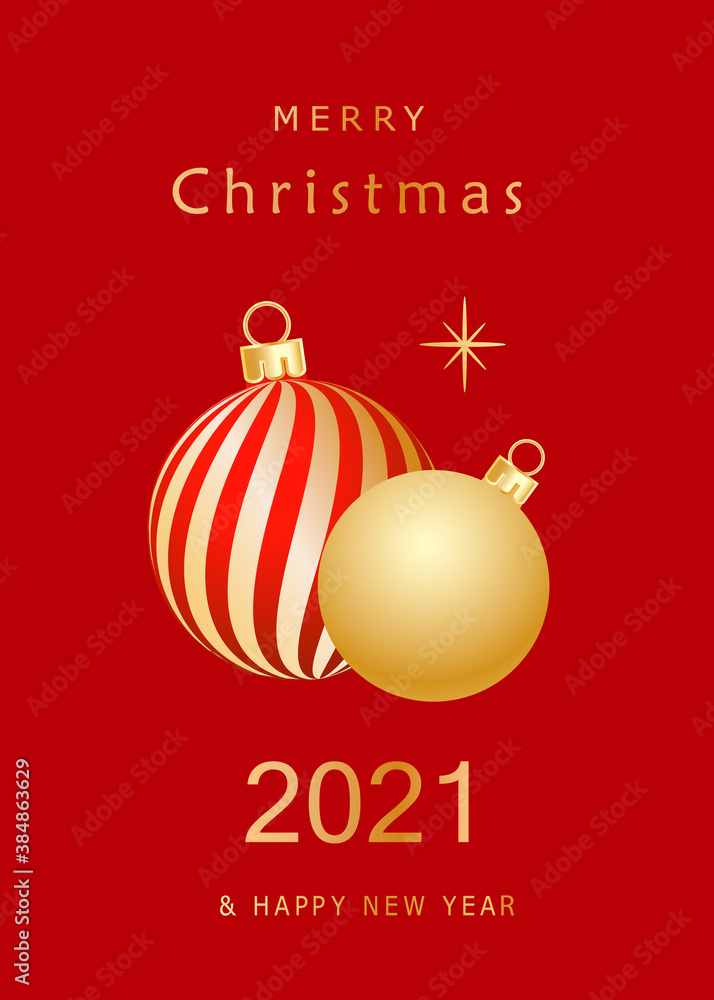 Happy New Year card or Merry Christmas greeting poster for festive winter holiday with golden gradient ball, tree on red background in modern design. Xmas poster flyer in vector