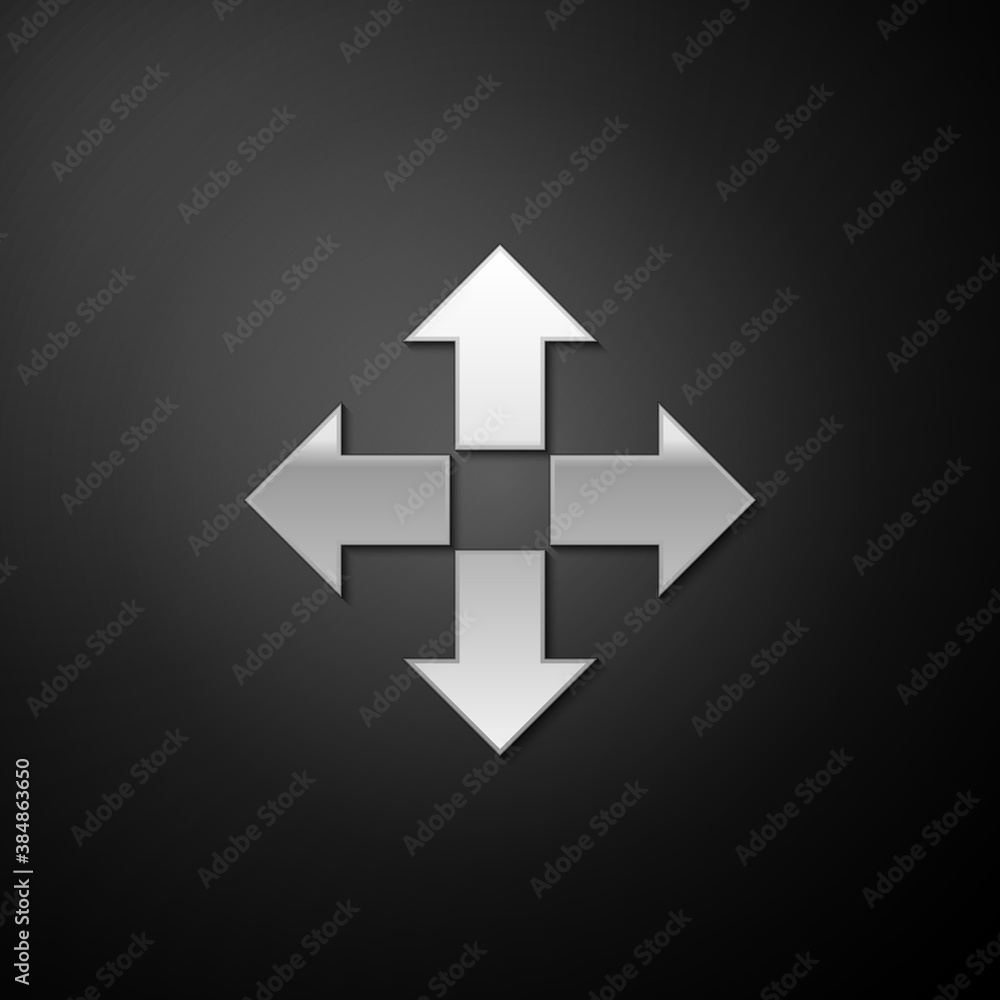Silver Arrows in four directions icon isolated on black background. Long shadow style. Vector. Silver Arrows in four directions icon isolated on black background. Long shadow style. Vector.