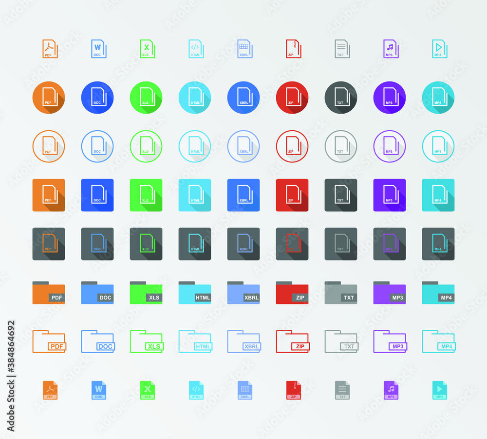 Flat icons pack with different style on each row. Colorful icons for file extension Flat icons pack with different style on each row. Colorful icons for file extension