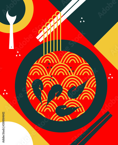 Vector dish of traditional Chinese cuisine menu design sauce, noodles, shrimp, Chinese sticks. Asian food concept, top view, place for text. Red black yellow print