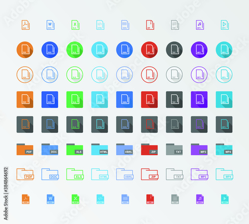 Flat icons pack with different style on each row. Colorful icons for file extension