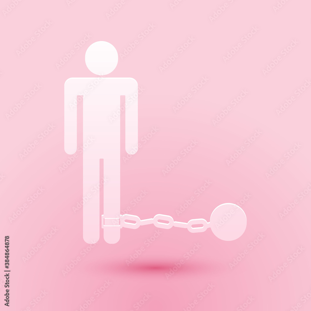 Paper cut Prisoner with ball on chain icon isolated on pink background. Paper art style. Vector. Paper cut Prisoner with ball on chain icon isolated on pink background. Paper art style. Vector.
