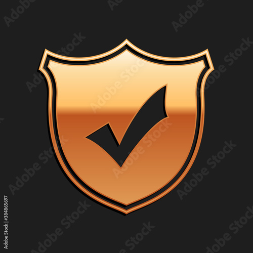 Gold Shield with check mark icon isolated on black background. Long shadow style. Vector.
