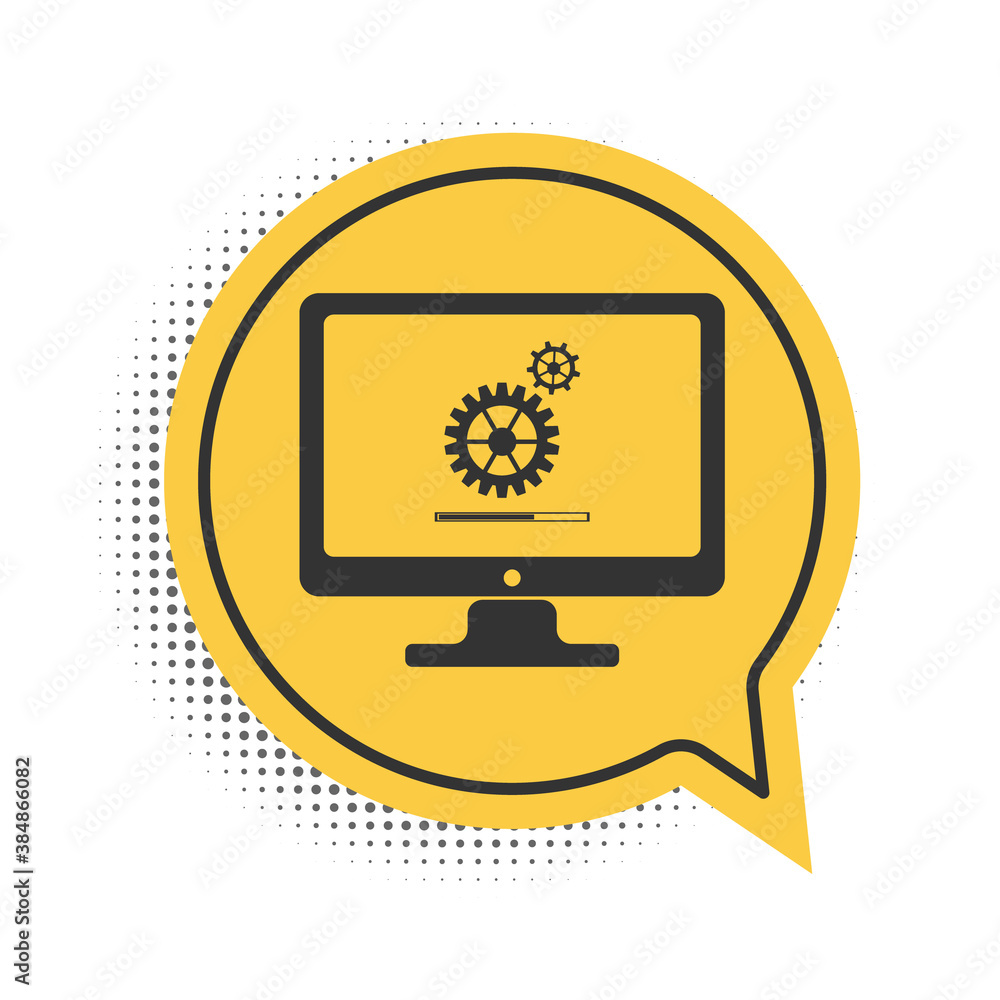 Black Computer monitor update process with gear progress and loading bar icon isolated on white background. Adjusting, setting, maintenance, repair. Yellow speech bubble symbol. Vector.