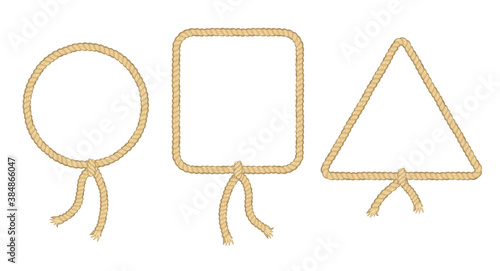 Ropes. Curved nautical ropes with knots vector template. Round, trinagle and square rope frames, cord borders. Retro vintage art design