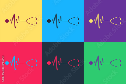 Pop art Stethoscope with a heart beat icon isolated on color background. Medical concept. Pulse care symbol. Vector.