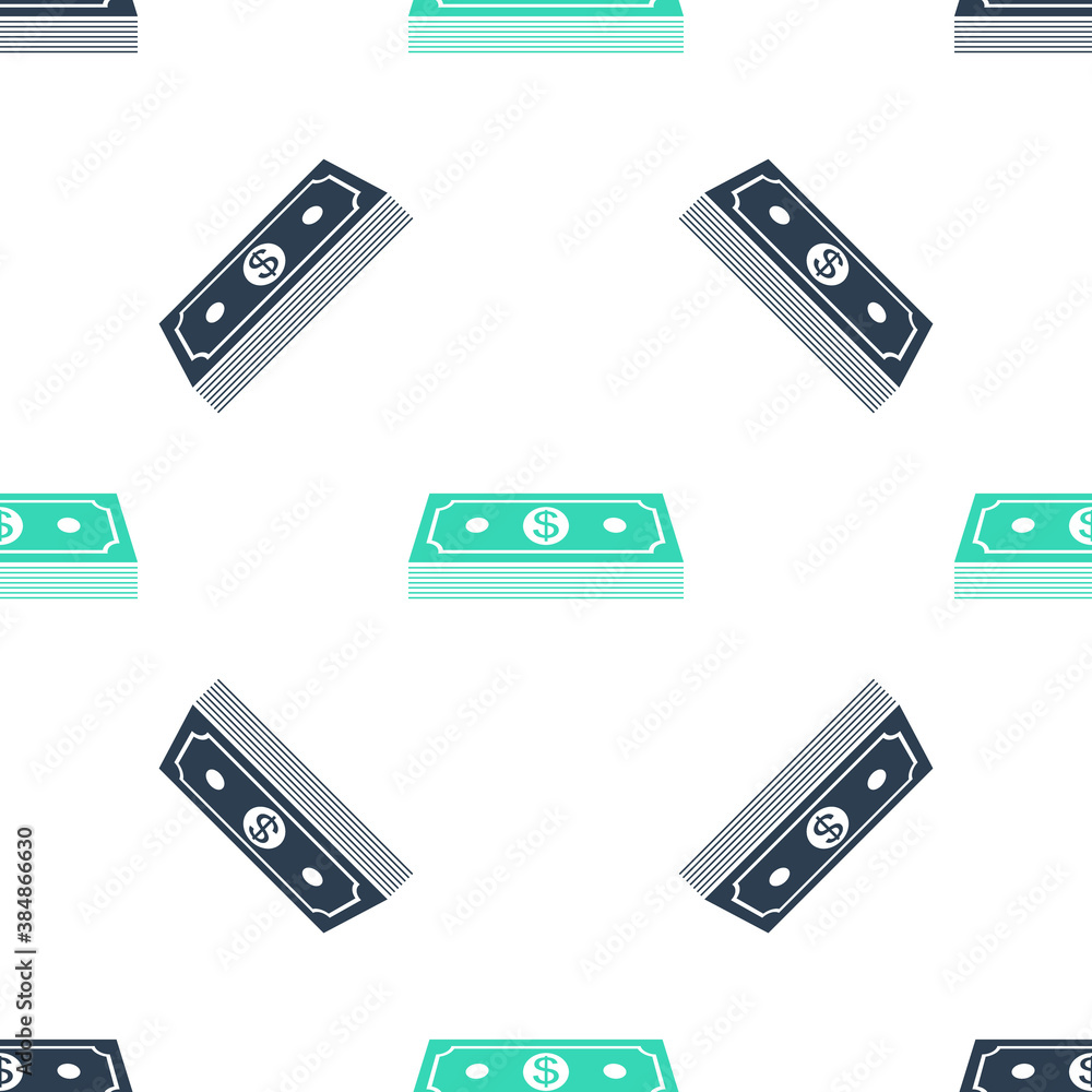 Fototapeta premium Green Paper money american dollars cash icon isolated seamless pattern on white background. Money banknotes stack with dollar icon. Bill currency. Vector.