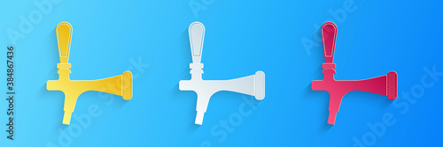 Paper cut Beer tap icon isolated on blue background. Paper art style. Vector.