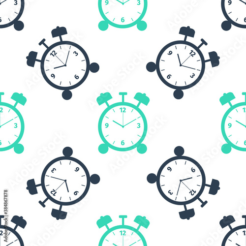 Green Alarm clock icon isolated seamless pattern on white background. Wake up, get up concept. Time sign. Vector.