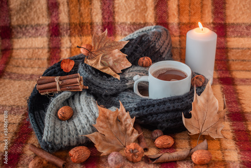 old checkered blanket with orange red and brown patterns .dry leaves and fruits. autumn background. lit candle. cozy woolly gray scarf. cup of coffee