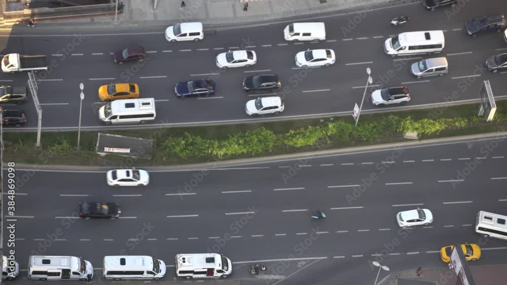 Aeria drone flight top down view of freeway busy city rush hour heavy traffic jam highway. Aeria drone flight top down view of freeway busy city rush hour heavy traffic jam highway.