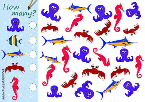 Mini games collection for kids. How many marine animals on picture? Counting for preschool. Underwater world. Page for coloring book, leisure activity task for children. Educational game for children