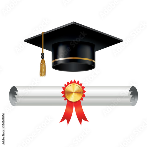 Graduation cap and rolled diploma scroll with stamp. Finish education concept. Academic hat with tassel and university degree certificate. Vector illustration for announcement banner poster or flyer