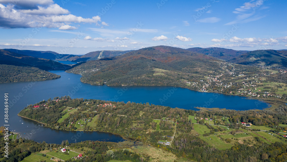 panorama of the town of Żywiec, a view of the wonderful mountain lake located in the Beskids