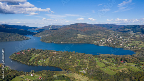 Obraz na płótnie panorama of the town of Żywiec, a view of the wonderful mountain lake located in the Beskids w salonie