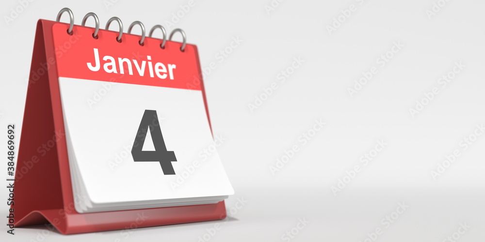 January 4 date written in French on the flip calendar page, 3d rendering January 4 date written in French on the flip calendar page, 3d rendering