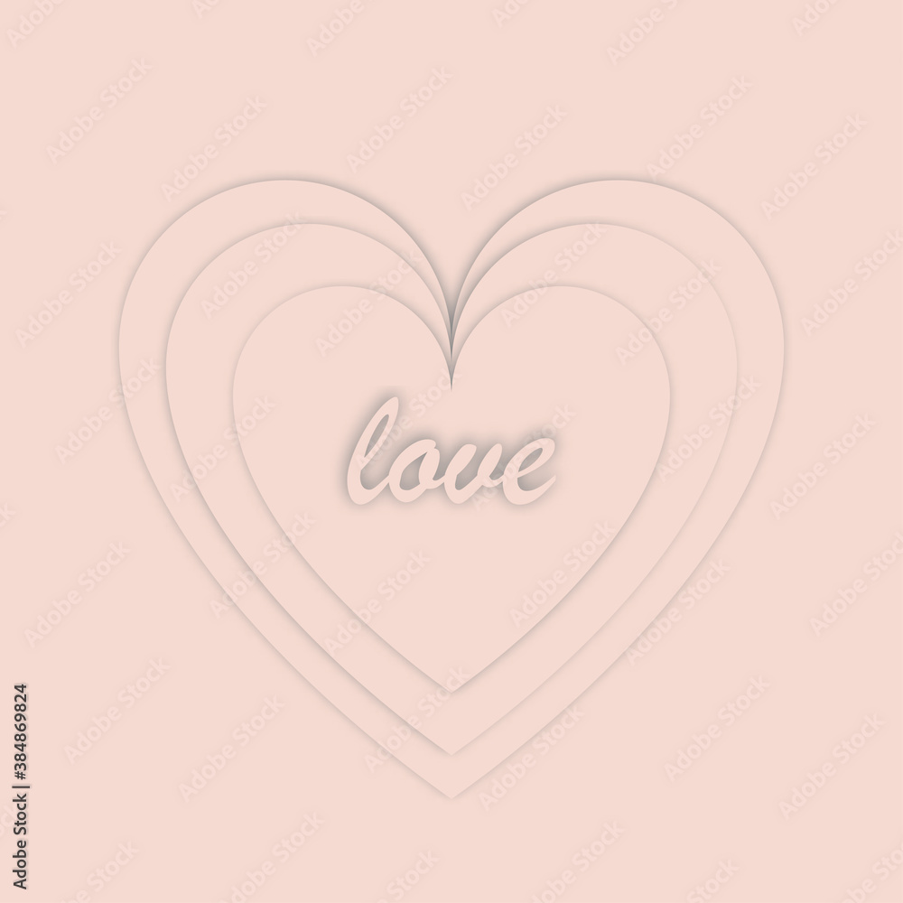 Pastel pink 3d heart with word 'love' inside. Monochrome heart for Valentine's day, design template for banner, decoration, social media content.