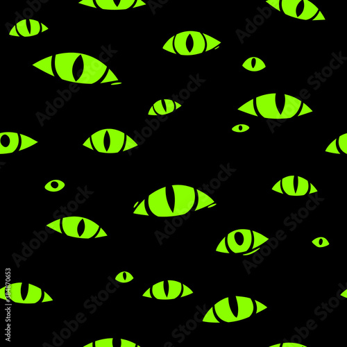 Many monster eyes on black background, seamless pattern