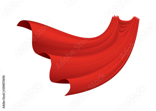 Superhero red cape on white background. Scarlet fabric silk cloak. Mantle costume or cover cartoon vector illustration. Flying carnival clothes