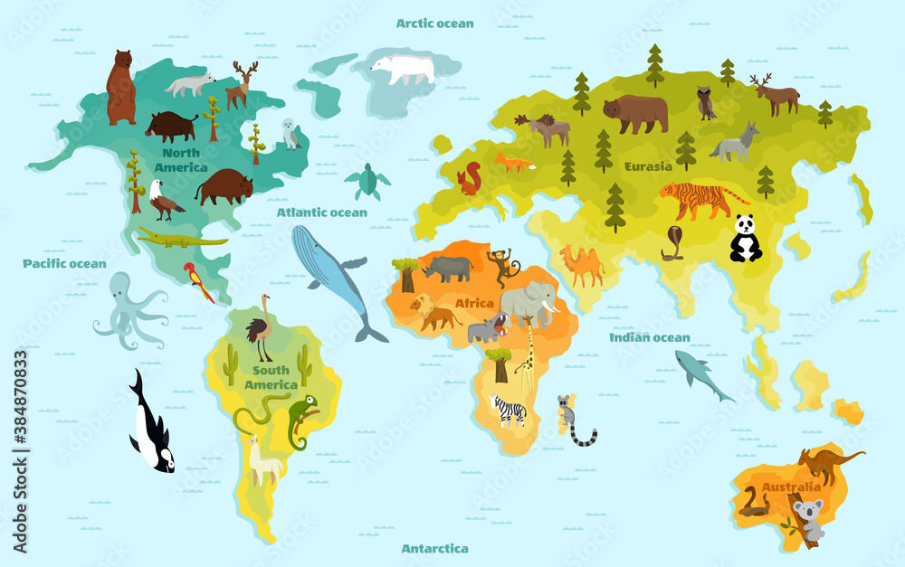 Funny cartoon animal world map for children with the continents, oceans and lot of funny animals. Vector illustration for preschool education in kids design. Cartoon animals for kids - obrazy, fototapety, plakaty 