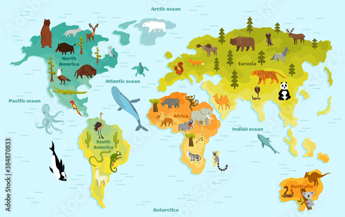 Fototapeta Naklejka Na Ścianę i Meble -  Funny cartoon animal world map for children with the continents, oceans and lot of funny animals. Vector illustration for preschool education in kids design. Cartoon animals for kids