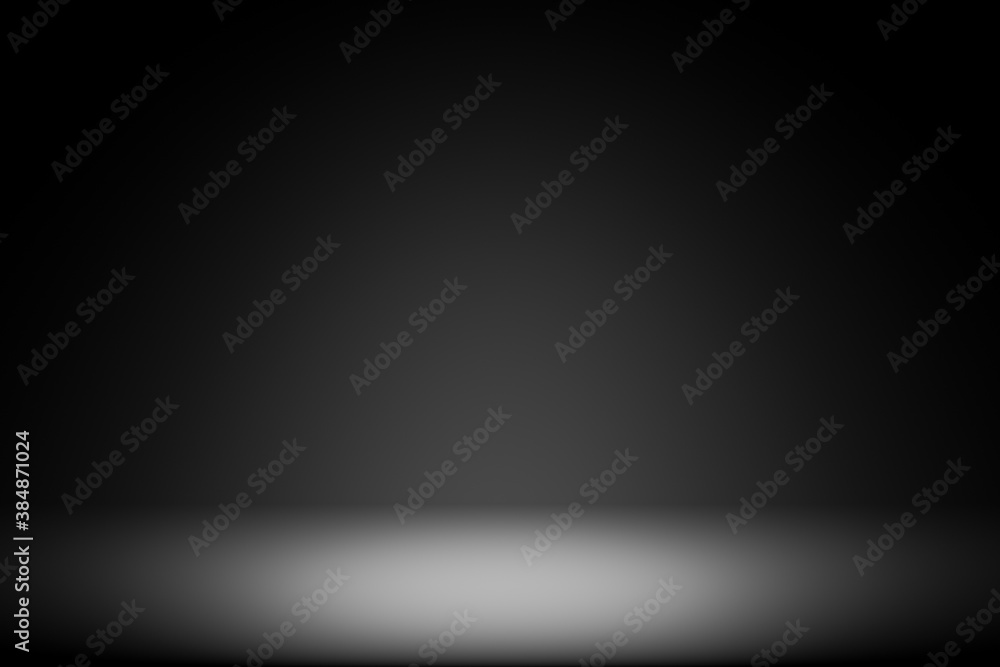 black floor and wall backgrounds with spot light, shelf display products. 3d render