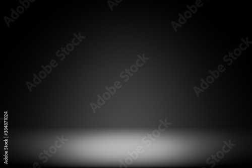 black floor and wall backgrounds with spot light, shelf display products. 3d render