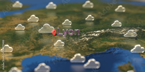 Lyon city and cloudy weather icon on the map, weather forecast related 3D rendering