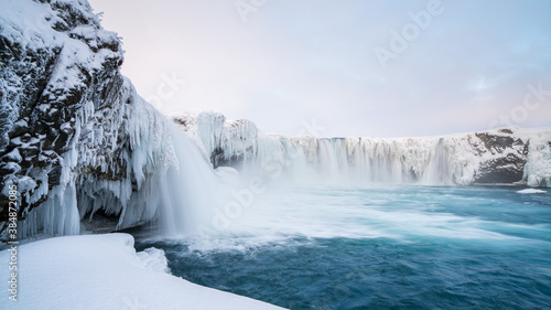 Goðafoss waterfall in winter. North Iceland.