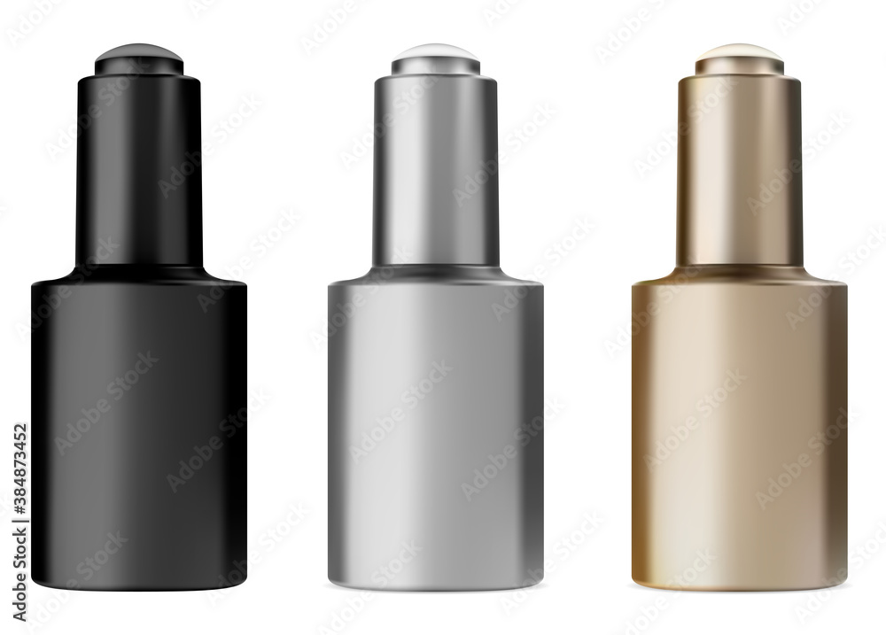 Serum bottle with dropper. Face treatment oil vial. Black, golden and silver eyedropper flask mock up for liquid essential treatment. Eging collagen pot Serum bottle with dropper. Face treatment oil vial. Black, golden and silver eyedropper flask mock up for liquid essential treatment. Eging collagen pot