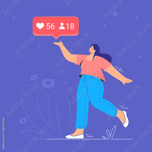 Social media marketing and increasing audience. Flat vector concept illustration of smiling woman walking alone and pionting to red speech bubble to show number of recent followers and likes
