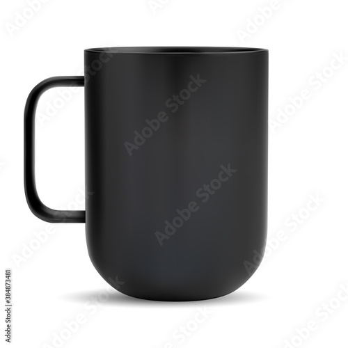 Black cup. Ceramic coffee or tea mug mock up. Realistic mat glass teacup with handle. Clean photorealistic design. Porcelain object for cappuccino. Vector illustration