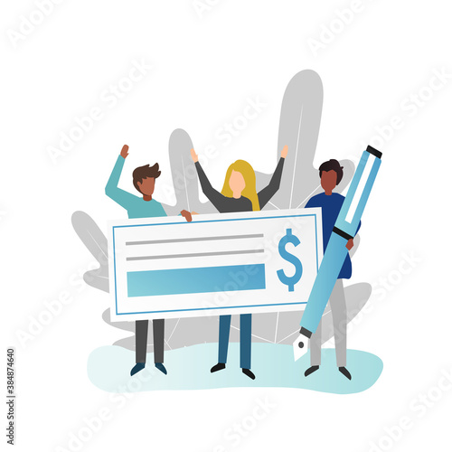 Vector group of happy, joyful, lucky people, friends, acquaintances won lottery, prize, jackpot. Gift in form of large check for issuing money. Signing successful contract, agreement. Winners in game.