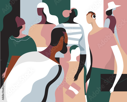 Gruppo di giovani uomini e donne alla moda. Società moderna, diversità sociale.