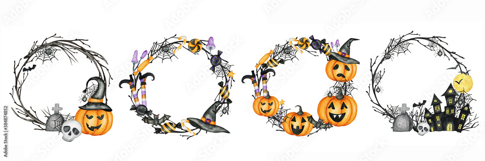 Happy Halloween holiday party Frame set with Jack O' Lantern pumpkins, bat, spider, Halloween Town, skull, candy sweets party decorations. Watercolor Cartoon illustration isolated on white background Happy Halloween holiday party Frame set with Jack O' Lantern pumpkins, bat, spider, Halloween Town, skull, candy sweets party decorations. Watercolor Cartoon illustration isolated on white background