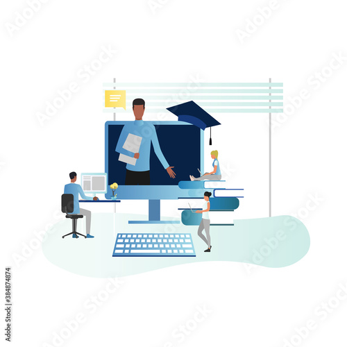 Teacher gives lecture, online lessons to students via video communication in computer,distance learning. Teaching students at home. Online training courses,webinars, on Internet. Getting an education.