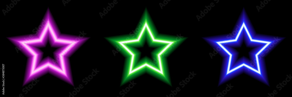 Set of three neon stars. Luminous elements for your design. Pink, blue, green colors Set of three neon stars. Luminous elements for your design. Pink, blue, green colors