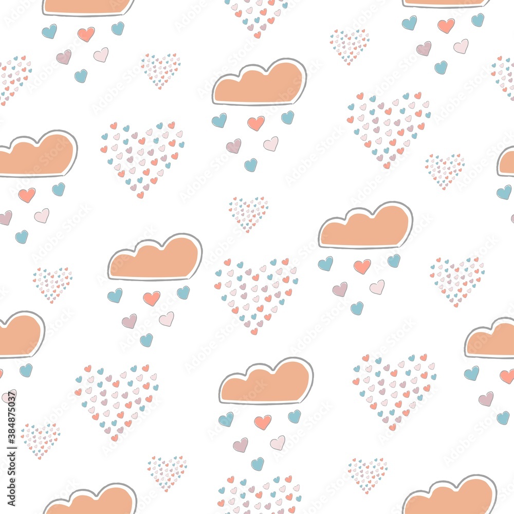 Seamless Cute Pattern with clouds raining with hearts and grouped mosaic hearts on white background