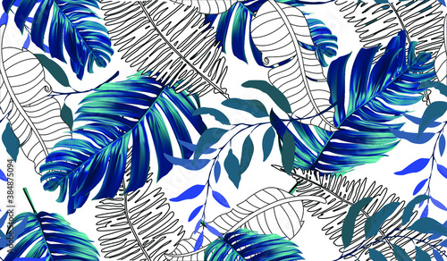 Exotic tropical vector background with Hawaiian plants and flowers. Seamless indigo tropical pattern with monstera and sabal palm leaves, guzmania flowers.