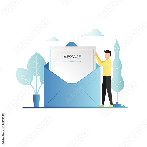 Man stands, holds, opens large letter, message in his hands and reads text. Viewing and reading incoming calls. Feedback. Document, message sent to personal email. Vector open envelope and guy.