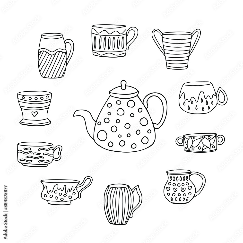 Set of hand drawn porcelain cups and pot with patterns. Sketch drawing collection of ceramic dishes. Doodle black on white vector illustration