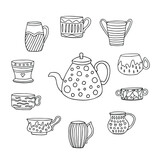 Set of hand drawn porcelain cups and pot with patterns. Sketch drawing collection of ceramic dishes. Doodle black on white vector illustration