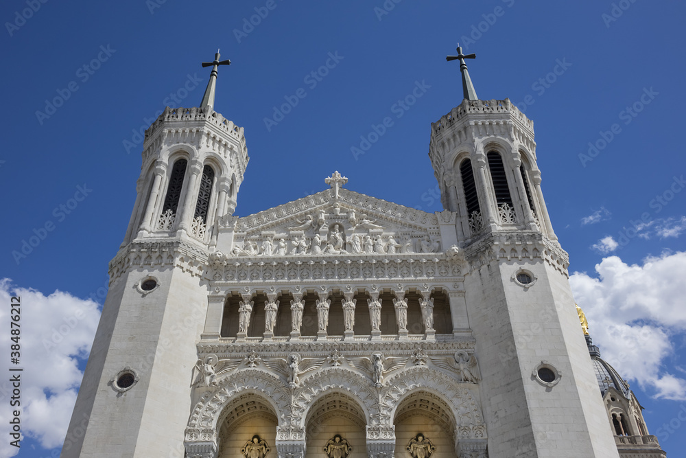 Basilica Notre-Dame de Fourviere on the Fourviere hill, dedicated to the Virgin Mary. Basilica Notre-Dame de Fourviere built between 1872 and 1884. Lyon. France.