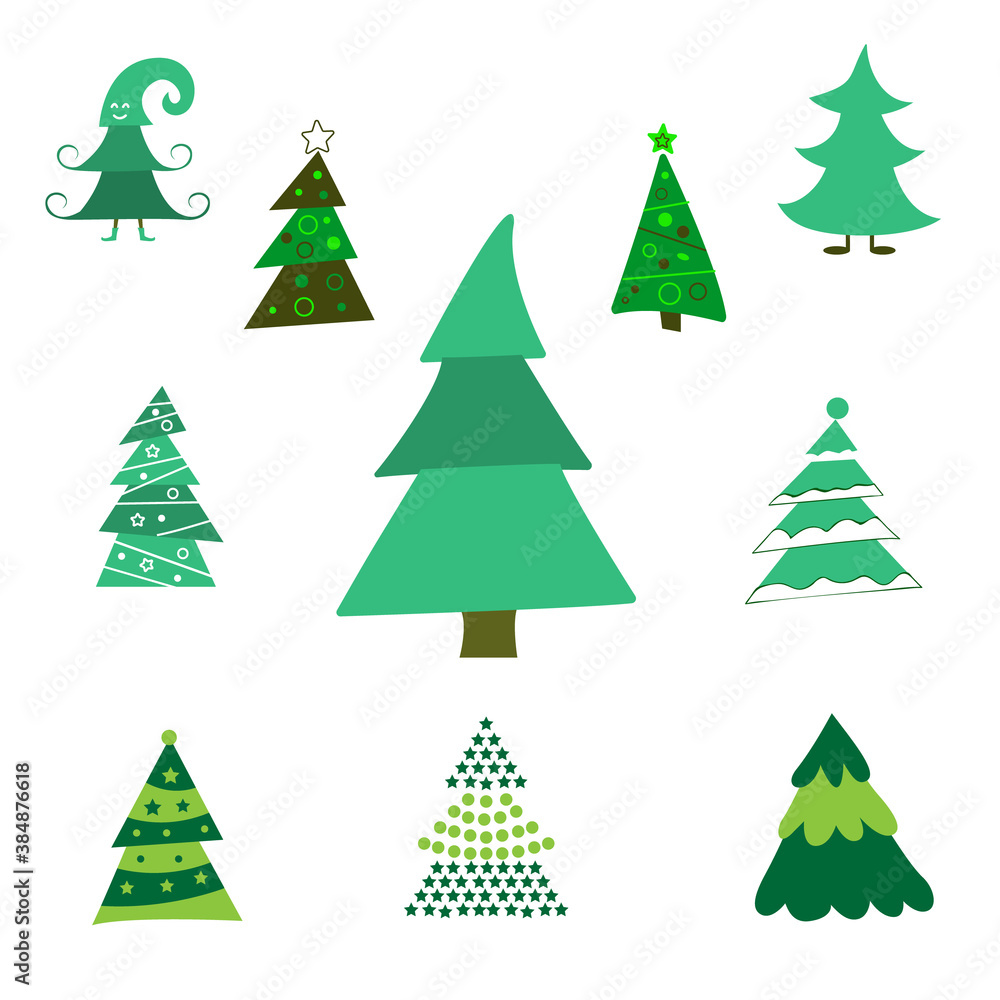 Obraz premium Set Different abstract green Christmas trees with tinsel and without. Collection Christmas tree decorated isolated. vector illustration.
